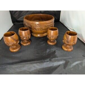 Vintage Hand carved Wooden Teak Village Footed Bowl with Goblets set of 4